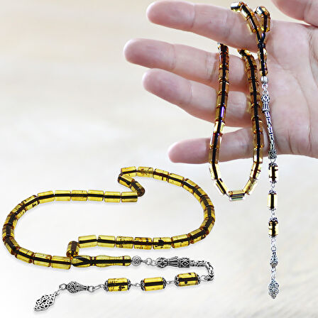 925 Ayar Gümüş Kral Zincir Püsküllü Kesme Kesim Hafif Fosilli Ihlamur Sarı Doğal Damla Kehribar Tesbih