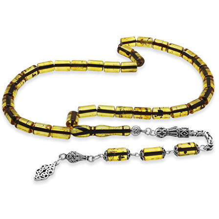 925 Ayar Gümüş Kral Zincir Püsküllü Kesme Kesim Hafif Fosilli Ihlamur Sarı Doğal Damla Kehribar Tesbih