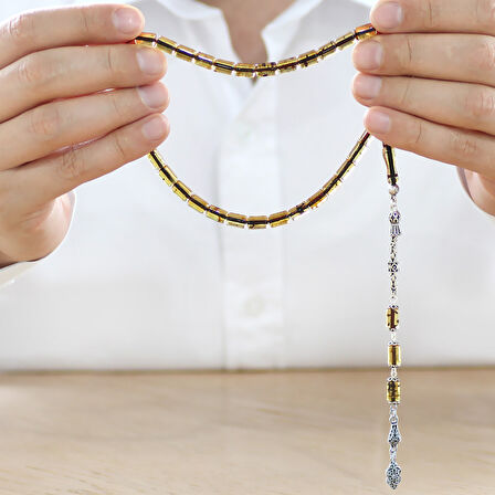 925 Ayar Gümüş Kral Zincir Püsküllü Kesme Kesim Hafif Fosilli Ihlamur Sarı Doğal Damla Kehribar Tesbih