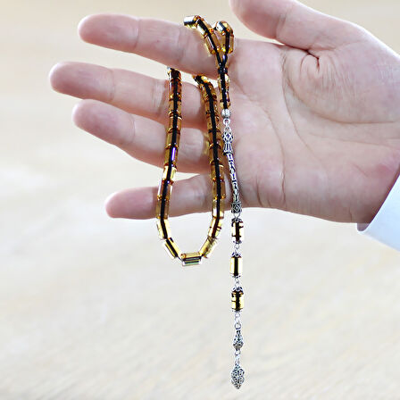 925 Ayar Gümüş Kral Zincir Püsküllü Kesme Kesim Hafif Fosilli Ihlamur Sarı Doğal Damla Kehribar Tesbih