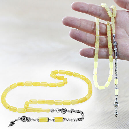 925 Ayar Gümüş Kral Zincir Püsküllü Kapsül Kesim Soft Sarı Doğal Damla Kehribar Tesbih