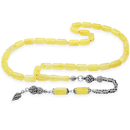 925 Ayar Gümüş Kral Zincir Püsküllü Kapsül Kesim Soft Sarı Doğal Damla Kehribar Tesbih