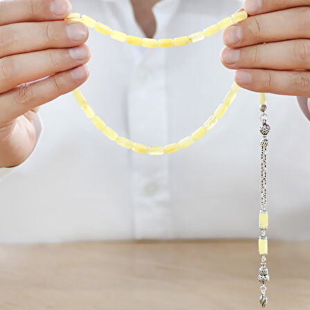 925 Ayar Gümüş Kral Zincir Püsküllü Kapsül Kesim Soft Sarı Doğal Damla Kehribar Tesbih