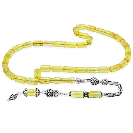 925 Ayar Gümüş Kral Zincir Püsküllü Kapsül Kesim Ihlamur Sarı Doğal Damla Kehribar Tesbih