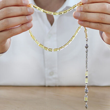 925 Ayar Gümüş Kral Zincir Püsküllü Kapsül Kesim Ihlamur Sarı Doğal Damla Kehribar Tesbih