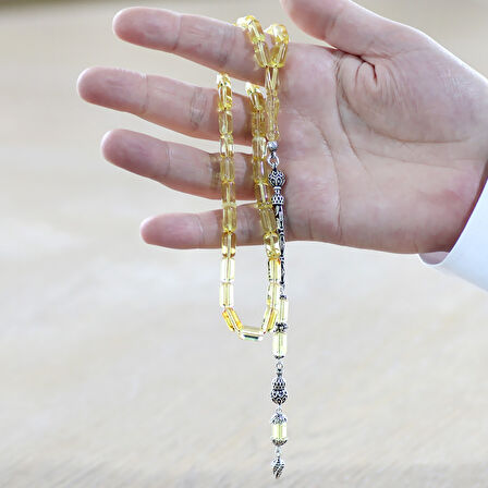 925 Ayar Gümüş Kral Zincir Püsküllü Kapsül Kesim Ihlamur Sarı Doğal Damla Kehribar Tesbih