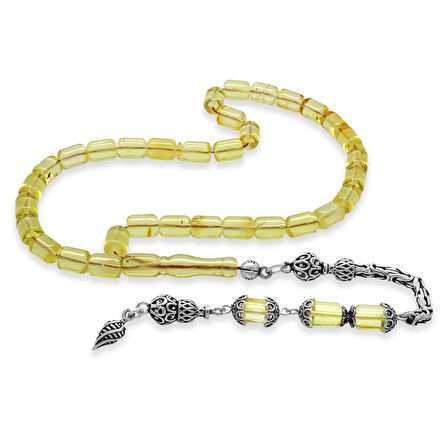 925 Ayar Gümüş Kral Zincir Püsküllü Tombul Kapsül Kesim Soft Sarı Doğal Damla Kehribar Tesbih