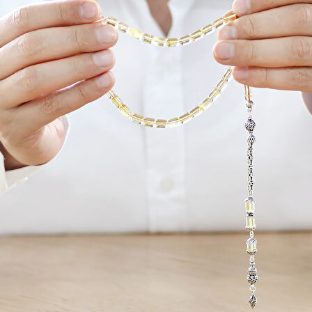 925 Ayar Gümüş Kral Zincir Püsküllü Tombul Kapsül Kesim Soft Sarı Doğal Damla Kehribar Tesbih