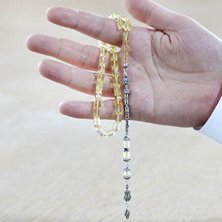 925 Ayar Gümüş Kral Zincir Püsküllü Tombul Kapsül Kesim Soft Sarı Doğal Damla Kehribar Tesbih