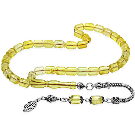 925 Ayar Gümüş Püsküllü Tombul Kapsül Kesim Ihlamur Sarı Doğal Damla Kehribar Tesbih