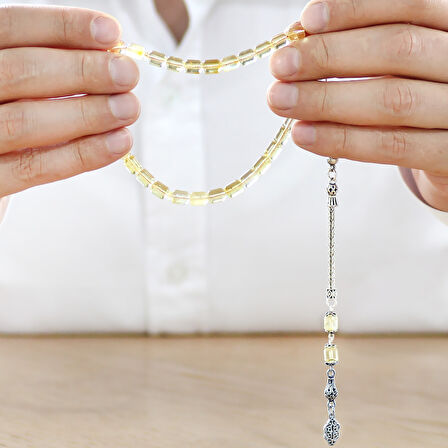 925 Ayar Gümüş Püsküllü Tombul Kapsül Kesim Ihlamur Sarı Doğal Damla Kehribar Tesbih