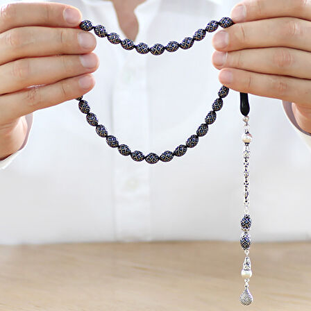 925 Ayar Gümüş Kral Zincir Püsküllü Ekose Motifli Gümüş Firuze İşlemeli Arpa Kesim Erzurum Oltu Taşı Tesbih