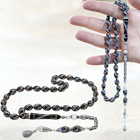 925 Ayar Gümüş Kral Zincir Püsküllü Helezon Motifli Gümüş Firuze Mercan İşlemeli Arpa Kesim Erzurum Oltu Taşı Tesbih