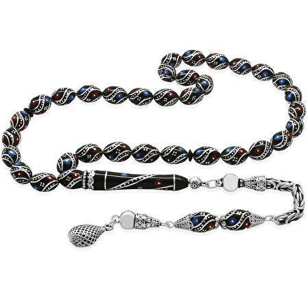 925 Ayar Gümüş Kral Zincir Püsküllü Helezon Motifli Gümüş Firuze Mercan İşlemeli Arpa Kesim Erzurum Oltu Taşı Tesbih