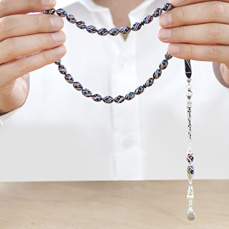 925 Ayar Gümüş Kral Zincir Püsküllü Helezon Motifli Gümüş Firuze Mercan İşlemeli Arpa Kesim Erzurum Oltu Taşı Tesbih