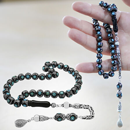 925 Ayar Gümüş Kral Zincir Püsküllü Gümüş Firuze İşleme Küre Kesim Erzurum Oltu Taşı Tesbih