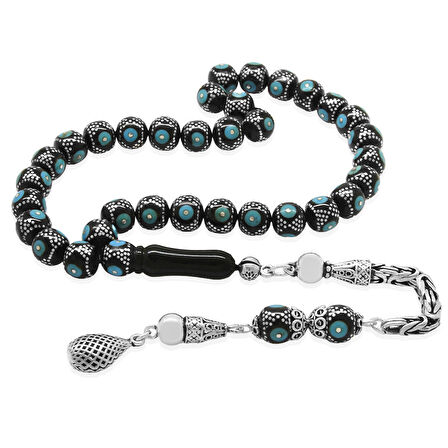 925 Ayar Gümüş Kral Zincir Püsküllü Gümüş Firuze İşleme Küre Kesim Erzurum Oltu Taşı Tesbih