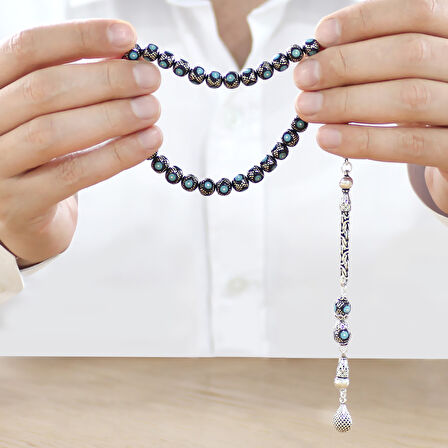 925 Ayar Gümüş Kral Zincir Püsküllü Gümüş Firuze İşleme Küre Kesim Erzurum Oltu Taşı Tesbih