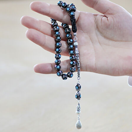 925 Ayar Gümüş Kral Zincir Püsküllü Gümüş Firuze İşleme Küre Kesim Erzurum Oltu Taşı Tesbih