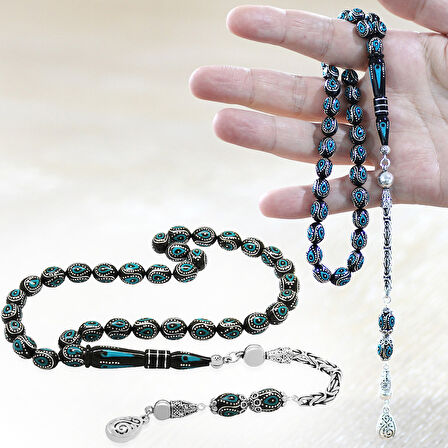 925 Ayar Gümüş Kral Zincir Püsküllü Gümüş Firuze İşlemeli Arpa Kesim Erzurum Oltu Tesbih