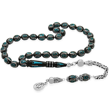 925 Ayar Gümüş Kral Zincir Püsküllü Gümüş Firuze İşlemeli Arpa Kesim Erzurum Oltu Tesbih