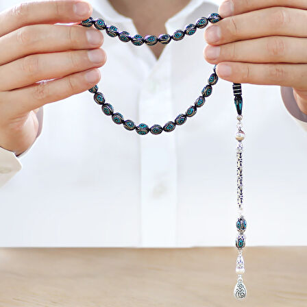 925 Ayar Gümüş Kral Zincir Püsküllü Gümüş Firuze İşlemeli Arpa Kesim Erzurum Oltu Tesbih