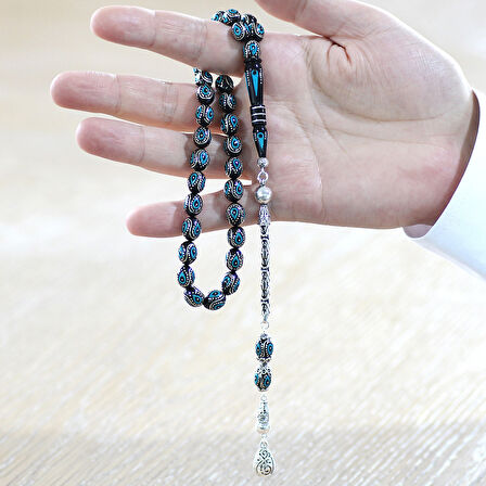 925 Ayar Gümüş Kral Zincir Püsküllü Gümüş Firuze İşlemeli Arpa Kesim Erzurum Oltu Tesbih