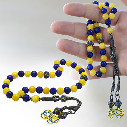 1000 Ayar Gümüş Kazaz Püsküllü Küre Kesim Sarı Lacivert Jade Doğaltaş Taraftar Tesbih