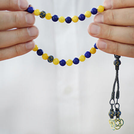 1000 Ayar Gümüş Kazaz Püsküllü Küre Kesim Sarı Lacivert Jade Doğaltaş Taraftar Tesbih