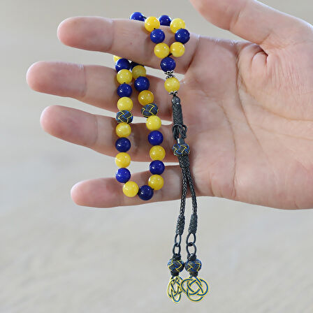 1000 Ayar Gümüş Kazaz Püsküllü Küre Kesim Sarı Lacivert Jade Doğaltaş Taraftar Tesbih