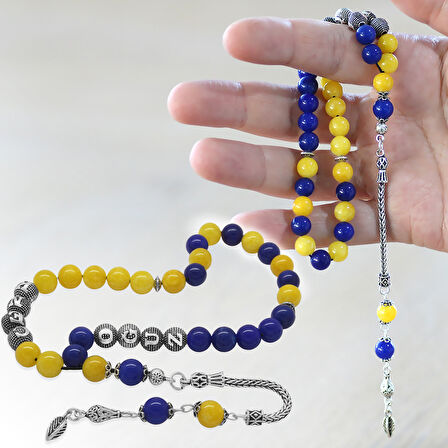 925 Ayar Gümüş Püsküllü Küre Kesim Kişiye Özel İsim Yazılı Sarı Lacivert Jade Doğaltaş Taraftar Tesbih