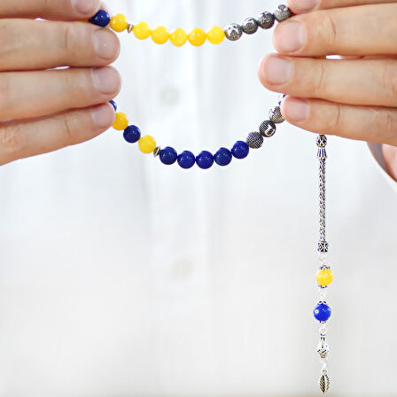 925 Ayar Gümüş Püsküllü Küre Kesim Kişiye Özel İsim Yazılı Sarı Lacivert Jade Doğaltaş Taraftar Tesbih