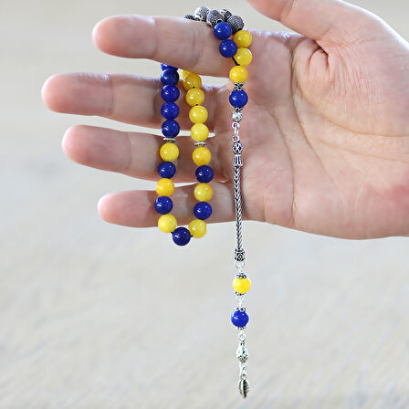 925 Ayar Gümüş Püsküllü Küre Kesim Kişiye Özel İsim Yazılı Sarı Lacivert Jade Doğaltaş Taraftar Tesbih