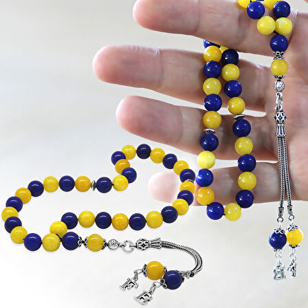 925 Ayar Gümüş Kişiye Özel Harf Püsküllü Küre Kesim Sarı Lacivert Jade Doğaltaş Taraftar Tesbih