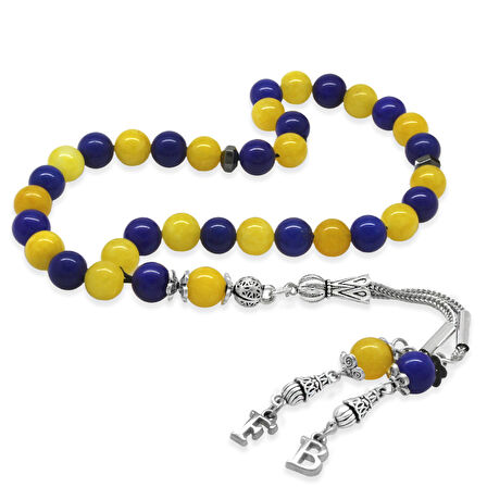 Kararmaz Metal Kişiye Özel Harf Püsküllü Küre Kesim Sarı Lacivert Jade Doğaltaş Taraftar Tesbih