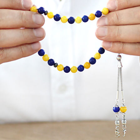 Kararmaz Metal Kişiye Özel Harf Püsküllü Küre Kesim Sarı Lacivert Jade Doğaltaş Taraftar Tesbih