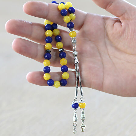 Kararmaz Metal Kişiye Özel Harf Püsküllü Küre Kesim Sarı Lacivert Jade Doğaltaş Taraftar Tesbih