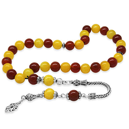 925 Ayar Gümüş Foxtail Zincir Püsküllü Küre Kesim Sarı Kırmızı Jade Akik Doğaltaş Taraftar Tesbih