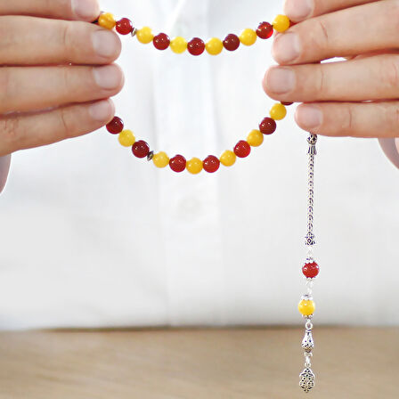 925 Ayar Gümüş Foxtail Zincir Püsküllü Küre Kesim Sarı Kırmızı Jade Akik Doğaltaş Taraftar Tesbih