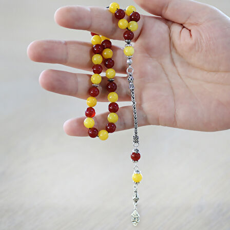 925 Ayar Gümüş Foxtail Zincir Püsküllü Küre Kesim Sarı Kırmızı Jade Akik Doğaltaş Taraftar Tesbih