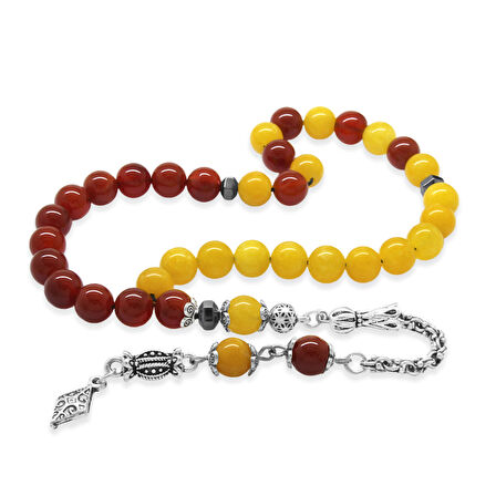 Kararmaz Metal Arnavut Zincir Püsküllü Küre Kesim Sarı Kırmızı Jade Akik Doğaltaş Taraftar Tesbih M2