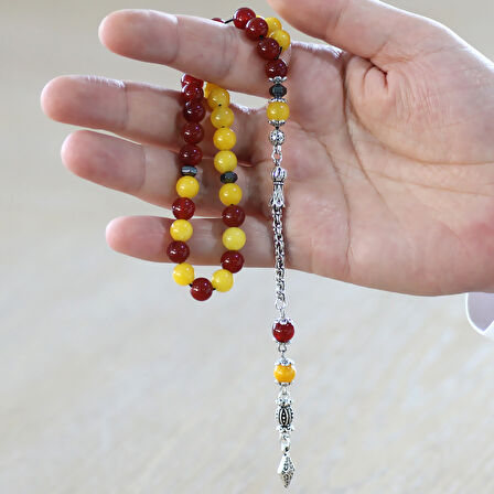 Kararmaz Metal Arnavut Zincir Püsküllü Küre Kesim Sarı Kırmızı Jade Akik Doğaltaş Taraftar Tesbih M2