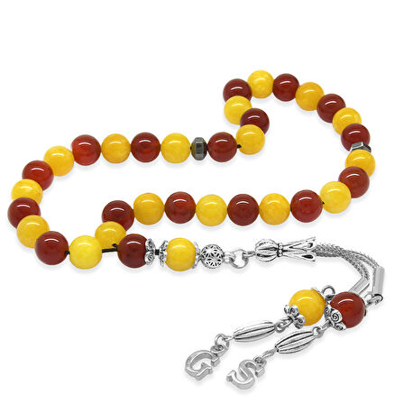 Kararmaz Metal Kişiye Özel Harf Püsküllü Küre Kesim Sarı Kırmızı Jade Akik Doğaltaş Taraftar Tesbih