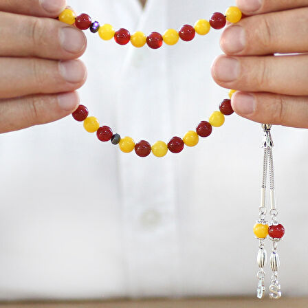 Kararmaz Metal Kişiye Özel Harf Püsküllü Küre Kesim Sarı Kırmızı Jade Akik Doğaltaş Taraftar Tesbih