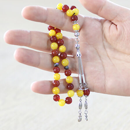 Kararmaz Metal Kişiye Özel Harf Püsküllü Küre Kesim Sarı Kırmızı Jade Akik Doğaltaş Taraftar Tesbih