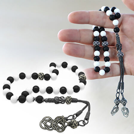 1000 Ayar Gümüş Kazaz Püsküllü Küre Kesim Siyah Beyaz Jade Ayyıldız Oniks Doğaltaş Taraftar Tesbih