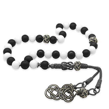 1000 Ayar Gümüş Kazaz Püsküllü Küre Kesim Siyah Beyaz Jade Ayyıldız Oniks Doğaltaş Taraftar Tesbih