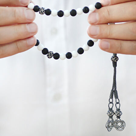 1000 Ayar Gümüş Kazaz Püsküllü Küre Kesim Siyah Beyaz Jade Ayyıldız Oniks Doğaltaş Taraftar Tesbih