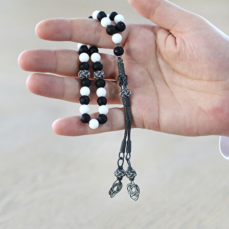 1000 Ayar Gümüş Kazaz Püsküllü Küre Kesim Siyah Beyaz Jade Ayyıldız Oniks Doğaltaş Taraftar Tesbih