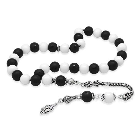 925 Ayar Gümüş Foxtail Zincir Püsküllü Küre Kesim Siyah Beyaz Jade Ayyıldız Oniks Doğaltaş Taraftar Tesbih